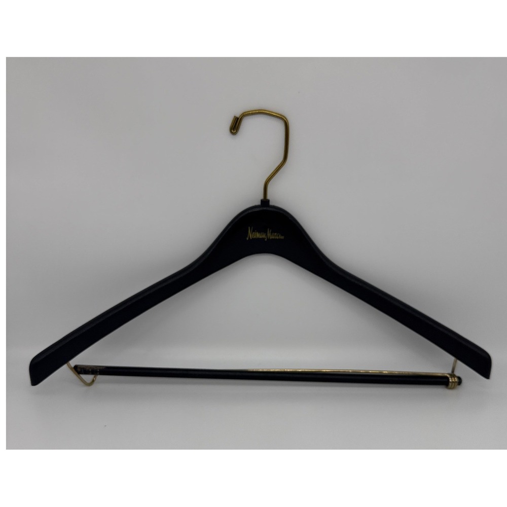 Neiman Marcus Black Suit Hanger with Trouser Bar Gold Logo Brass Swivel Hook